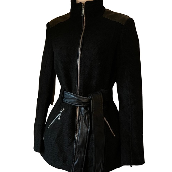 GUESS Wool Blend//Leather Zip Coat, X-Small - Picture 1 of 9